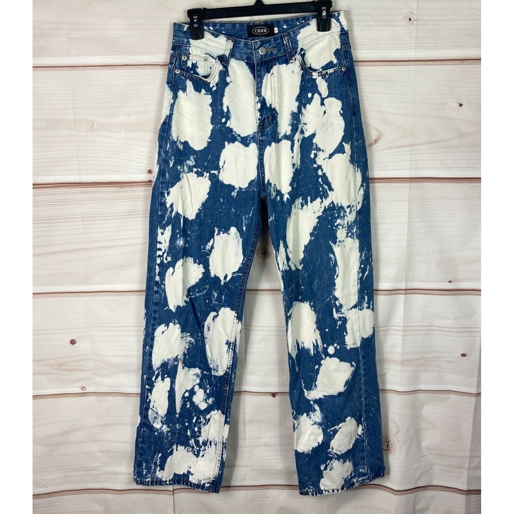 Cider Jeans Womens L Blue Sky White Cloud Print Straight Leg High Rise Denim